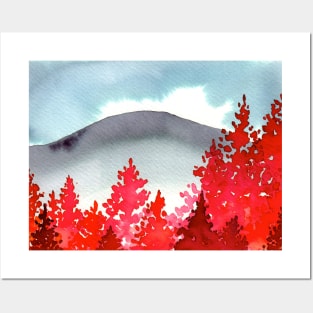 Watercolor Landscape With Red Trees Posters and Art